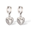 Detail view of double layered silver heart pendants on huggie hoop earrings - Silver Double Layer Mirror Heart Dangle / Silver
