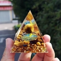 Handmade resin pyramid ornament with gold foil and tree of life gravel stone pattern - YB32 Tiger Eye [6cm]