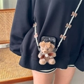 Plush teddy bear phone case with brown bow and long pearl crossbody strap - Brown Bow Pearl Brown Bear Phone Back Clip