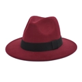 Detail view of burgundy wool fedora hat with a black grosgrain ribbon band and flat brim - M (56-58cm) / Burgundy