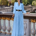 Elegant light blue V-neck sequined outfit with long sleeves and a black waist belt - Sky Blue with Belt