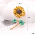 Yellow sunflower zinc alloy brooch accessory with green leaves and rhinestones, 5cm height - Enamel Sunflower