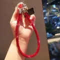 Luxurious red rhinestone lanyard for phone or keys with polished silver metal ring - Short Thick Full Rhinestone Lanyard + Metal Patch / Red