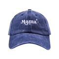 Detail of white Mama embroidery and stars on a vintage blue denim baseball cap - Adjustable / Navy Blue