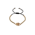 Adjustable black cord bracelet with gold beads and a sparkling Hamsa Hand charm - Black Cord Gold Metal Beads