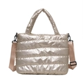 Large champagne gold quilted puffer tote bag with adjustable shoulder strap and padded handles - Champagne