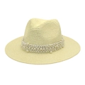 Close-up of the sun hat featuring a luxurious band of clustered faux pearls on straw - M (56-58cm) / Cream