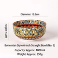 Bohemian ceramic bowl 6-inch with yellow and blue geometric floral patterns - 6 Inch Straight Bowl - No. 3 / Multicolor 3