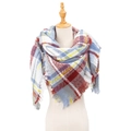 Plaid check scarf in red, blue, and yellow tones with tassel edges on a mannequin - White and Grey Plaid