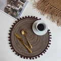Brown and white striped woven placemat with pom-poms for table decor and protection - 38cm Placemat / Brown