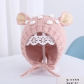 Pink knit baby hat with ear flaps, white polka dots, and cute animal ear accents - Pink Giraffe - Lined