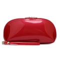 Red glossy patent leather shell-shaped makeup bag with golden zipper and wristlet strap - Red