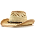 Detail der atmungsaktiven Webstruktur und Vintage-Perlen am Herren-Strohhut im Cowboy-Stil - Einstellbar (56-58cm) / Beige-Khaki Farbverlauf (03)