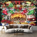 Detalle de un gran tapiz de calendario de Adviento de Navidad colgado sobre un sofá moderno - 300 X230cm / Escena del Calendario de Adviento