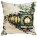 Christmas cushion cover featuring a vintage green steam train and festive linen texture - YMD15-36 (Vintage Steam Train)