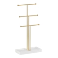 Three-tier gold metal jewelry stand with white base for necklaces and watches - Gold