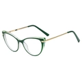 Cat eye glasses frame in dark green TR90 with gold metal legs in a 45-degree side view - Black and Fluorescent Green