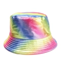 Metallic rainbow laser bucket hat featuring vibrant gradient colors and shiny patent leather - One Size(58cm) / Pink Blue Yellow