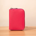 Compact rose red accordion card holder in pebble grain leather with zipper closure - Rose Red