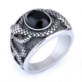 Gothic style silver snake scale ring featuring a large oval black onyx gemstone - Steel Color + Black Gemstone