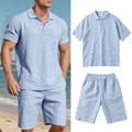 Detail view of light blue linen polo and drawstring shorts set for men beach wear - Light Blue