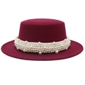 Eleganter weinroter Wollfilzhut mit dekorativem weißem Perlenband für modebewusste Damen - M(56-58cm) / Burgunderrot