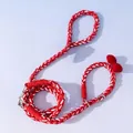 Handmade woven dog leash and collar set in red and white spiral pattern with velvet bow - 1.2m / Dero Red