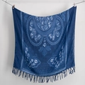 Dark blue tie-dye scarf with white ethnic mandala patterns and long fringed tassels - Mandala Continuous Pattern (2023-1-11)