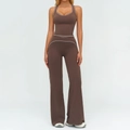 Ensemble de yoga marron foncé avec bordure blanche, haut cintré et legging évasé - S / Haut Et Bas / Débardeur + Pantalon large / Brun Chocolat Foncé