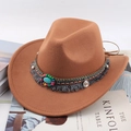 Brown wool felt wide brim fedora with turquoise beads and tassel decoration - Ethnic Style / Caramel