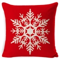 Red linen-textured square pillowcase featuring a large white Christmas snowflake design - A-26
