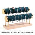 Double-layer teal velvet jewelry display stand with golden metal rods and wooden base - Double Layer Gold Bangle Stand-Dark Green Velvet