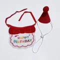 Red pet birthday set with happy birthday embroidered bib and pompom party hat - Red Bib + Hat