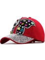 Red denim baseball cap featuring colorful rhinestone butterfly and crystal embellishments - Adjustable / White (JXB-54542)
