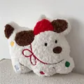 Plush Christmas dog pillow with red festive hat and colorful pom-poms on white fleece - White Cartoon Dog