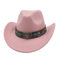 Detail of pink felt cowboy hat with embroidered brown band and metal butterfly buckle - One Size / Pink