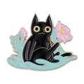 Creative black cartoon cat enamel brooch pin with pink flower and blue leaves - Black Cat with Pink Flower and Blue Leaf