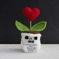 Crochet skull plant with red heart and emotional support card for desk decor - Halloween Little Heart