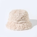 Detailed macro view showing the soft fuzzy texture of the cream plush bucket hat - Off White