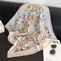 Pink and beige square silk scarf with floral and golden chain prints on leather background - New Silk Scarf/small Square Scarf 28 / 65
