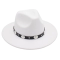 Detail of white wool fedora hat featuring black leather band with silver metal studs - One Size (57cm) / White
