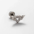 Silver titanium heart stud earring with wings and sparkling cubic zirconia stones - Heart with Wings (A07-4#)
