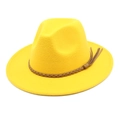 Detail of yellow wool fedora hat with brown braided tassel band on white background - M (56-58cm) / Yellow