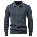 Detail of navy knit polo shirt featuring beige contrast trim and vertical stripe texture - S / Dark Gray