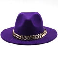 Detailed view of dark purple wool fedora featuring a bold gold curb chain decoration - XL (Above 60cm) / Purple
