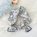 Beige cotton linen square scarf with blue paisley pattern and dark blue borders - Flower Vine Beige