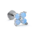 Macro shot of silver 316L stainless steel labret stud with blue opal flower design - Blue Four-leaf Clover / Silver