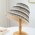 Knitted bucket hat for women in cream and black stripe pattern with breathable texture - M (56-58cm) / Striped Knit Style (5646) / Beige