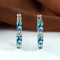 Silver hoop earrings with oval sky blue zircons and white diamonds for women - Aqua Blue