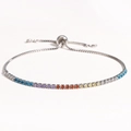 Detailed view of rainbow rhinestone tennis bracelet with adjustable sliding toggle clasp - Silver